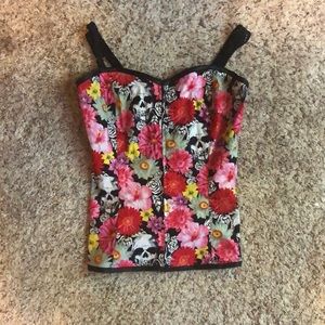 Front Zip Goth Corset Top with Skulls and Flowers
